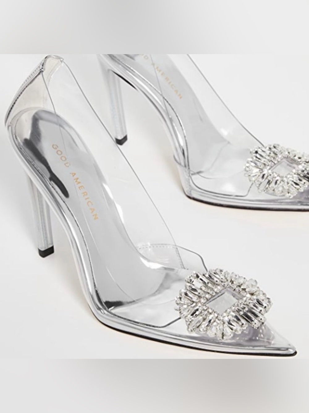 Good American Silver and Clear Crystal Pointed Stiletto Pump